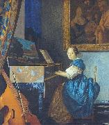 A Young Woman Seated at the Virginal with a painting of Dirck van Baburen in the background Johannes Vermeer